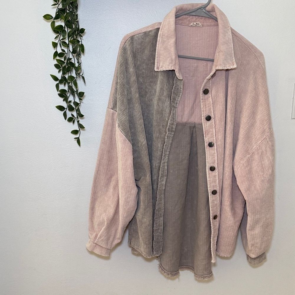 POL Colorblock Corduroy Button-Up Shirt / Jacket pink gray